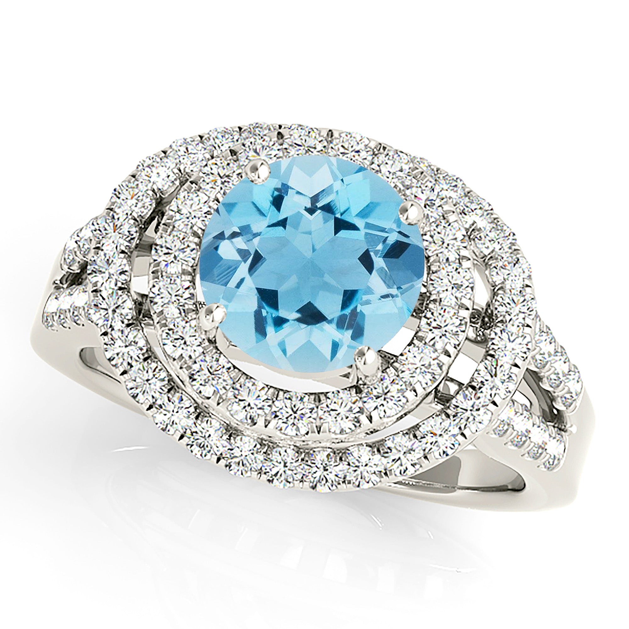 1.10 ct. Genuine Aquamarine Ring with 0.70 ctw. Diamond Double Row Halo And Split Diamond Band | Round Blue Aquamarine Halo Ring-VIRABYANI